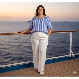 Talbots Plus 3X Blue White Striped Linen Puff Sleeve Top Coastal Preppy Boho